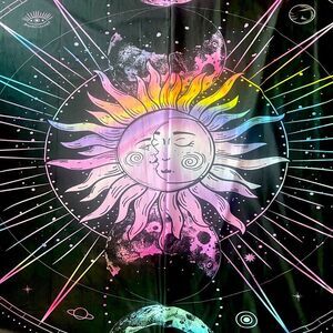 Curtains Celestial Print Bright Pink Blue Yellow on Black 2 Curtains